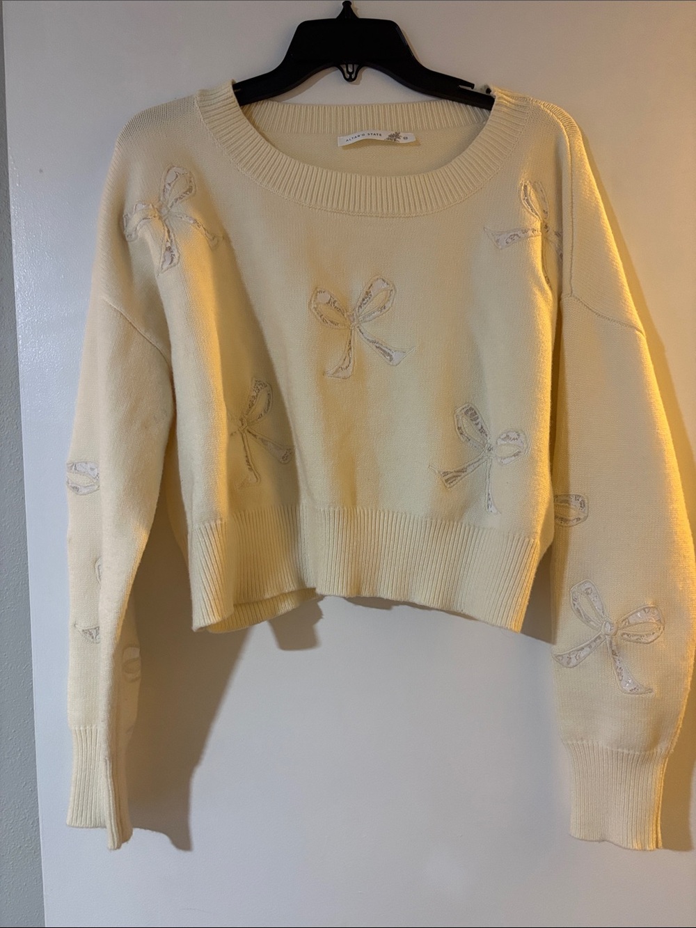 Altar'd State Cream Bow-Appliqué Crewneck Sweater
